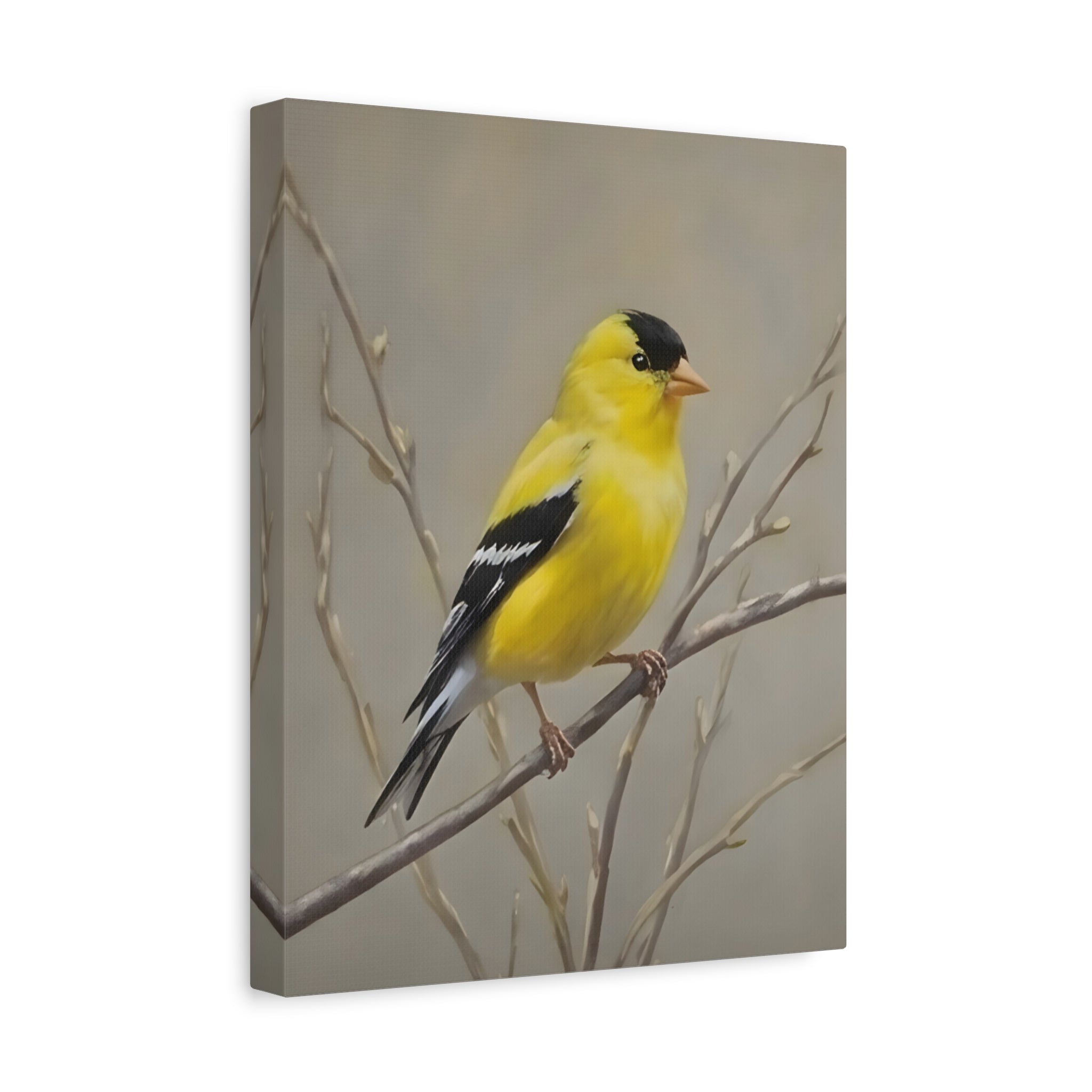 Goldfinch Wall Art Canvas — Yellow Songbird Painting on Branch, Matte Stretched Canvas