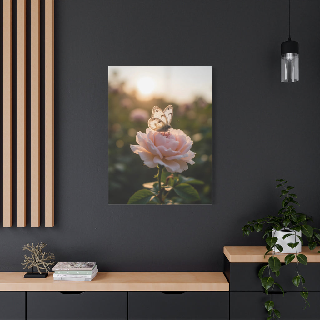 Muurdecoratie met vlinder op een roze roos - Gespannen canvas 