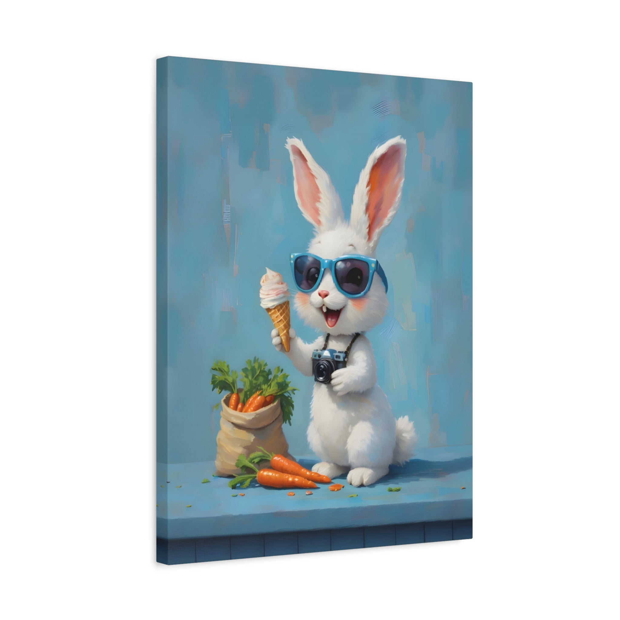 Blue Bunny Canvas Print — Cute Rabbit with Sunglasses & Ice Cream Matte Wall Art