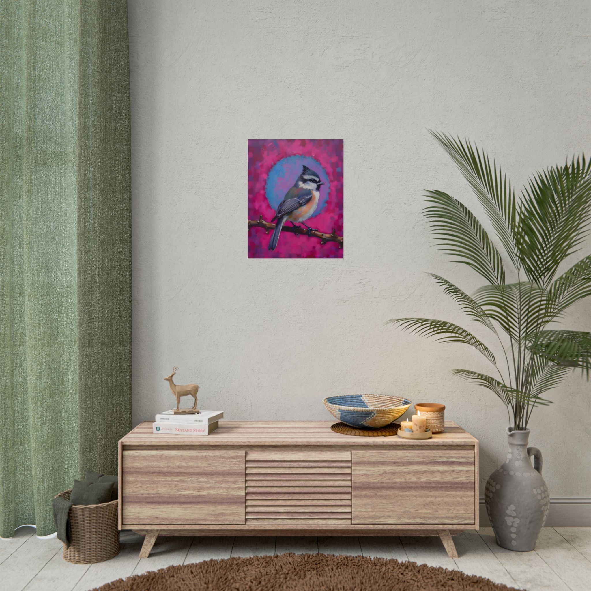 Colorful Songbird Poster — Blue Jay Art Print on Vibrant Pink Background