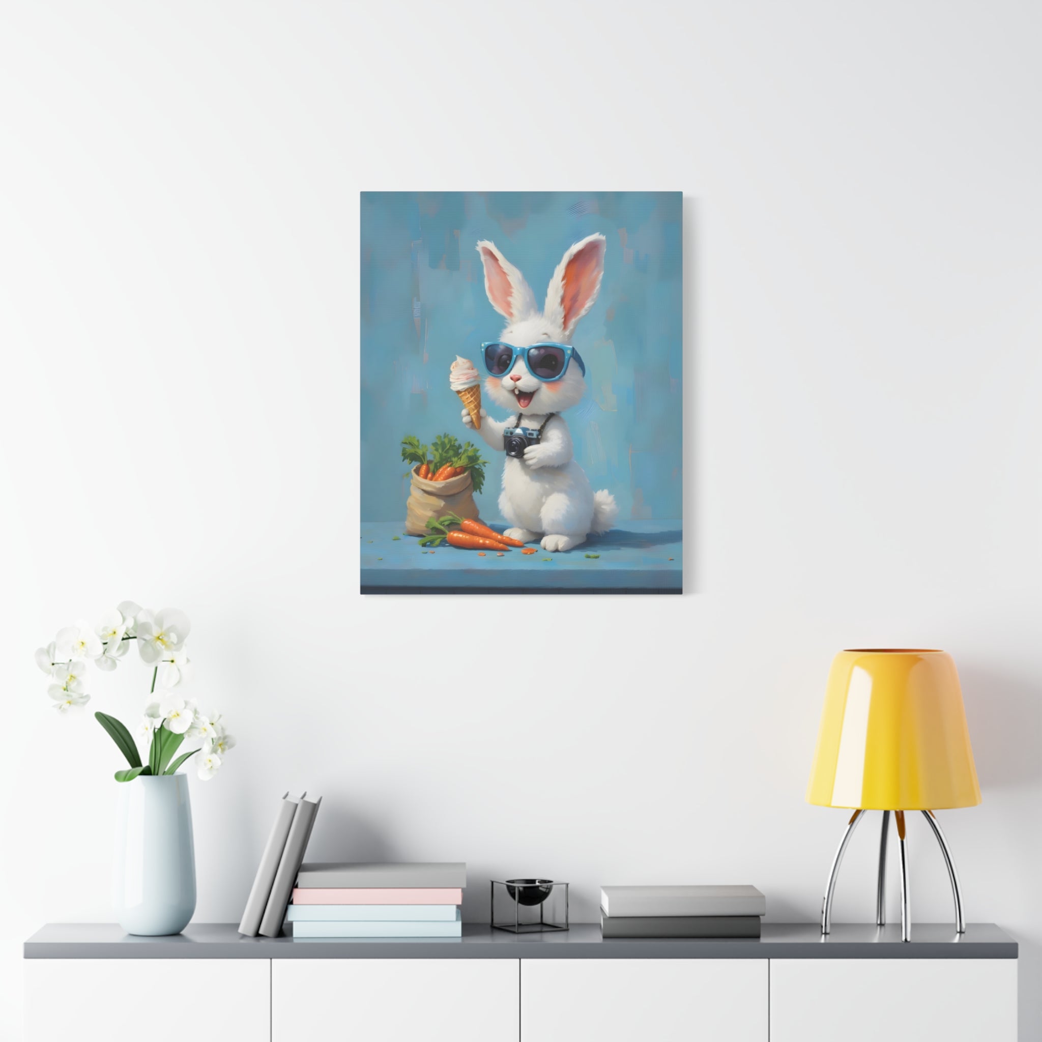 Blue Bunny Canvas Print — Cute Rabbit with Sunglasses & Ice Cream Matte Wall Art