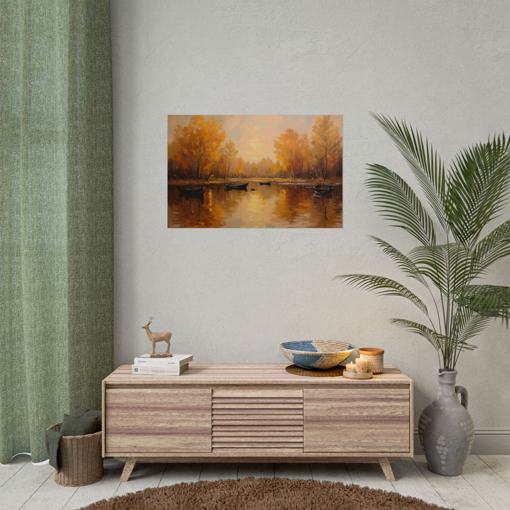 Herfst aan het meer met roeiboten - Poster 