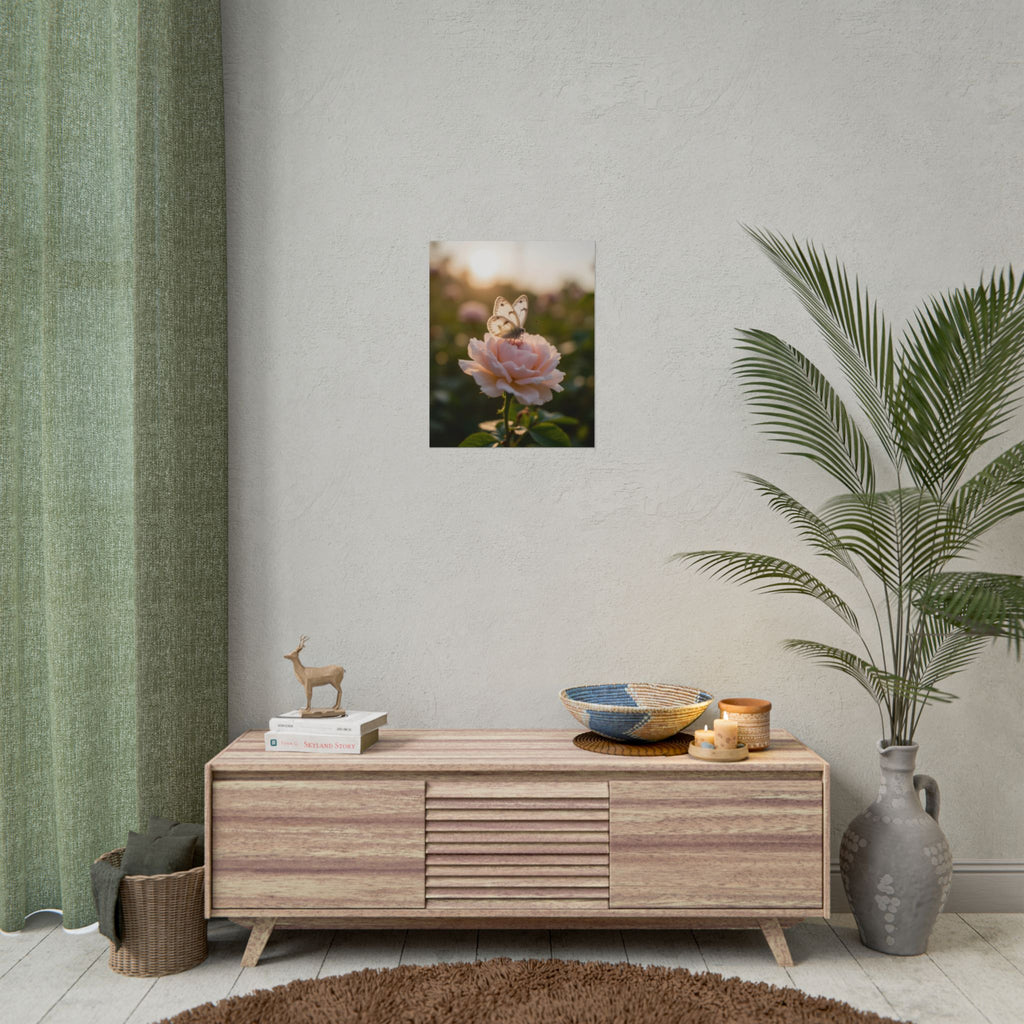 Muurposter met vlinder op roze roos 
