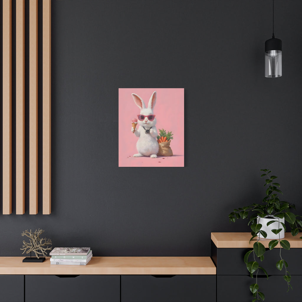 Pink Cute Bunny Canvas Wall Art — Cool Rabbit with Sunglasses, Ice Cream & Carrots (Matte Stretched)