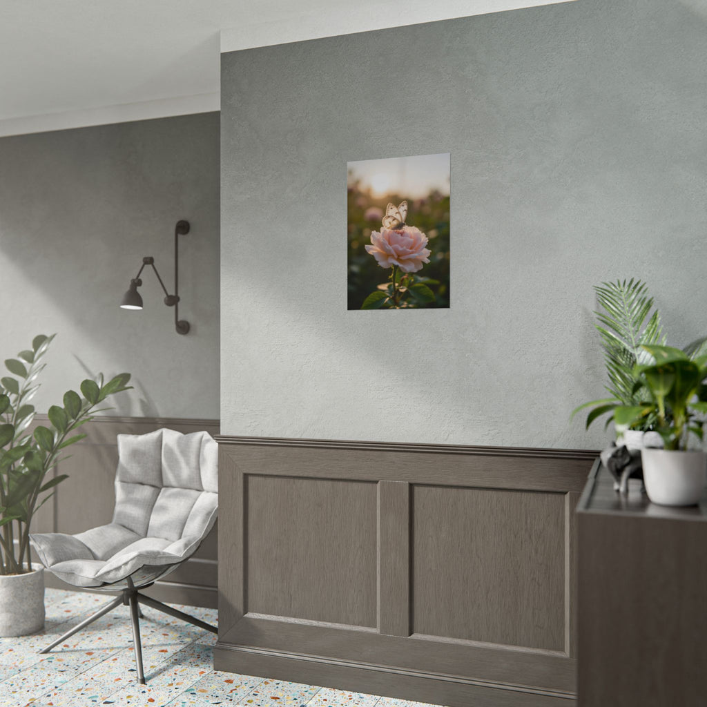 Muurposter met vlinder op roze roos 
