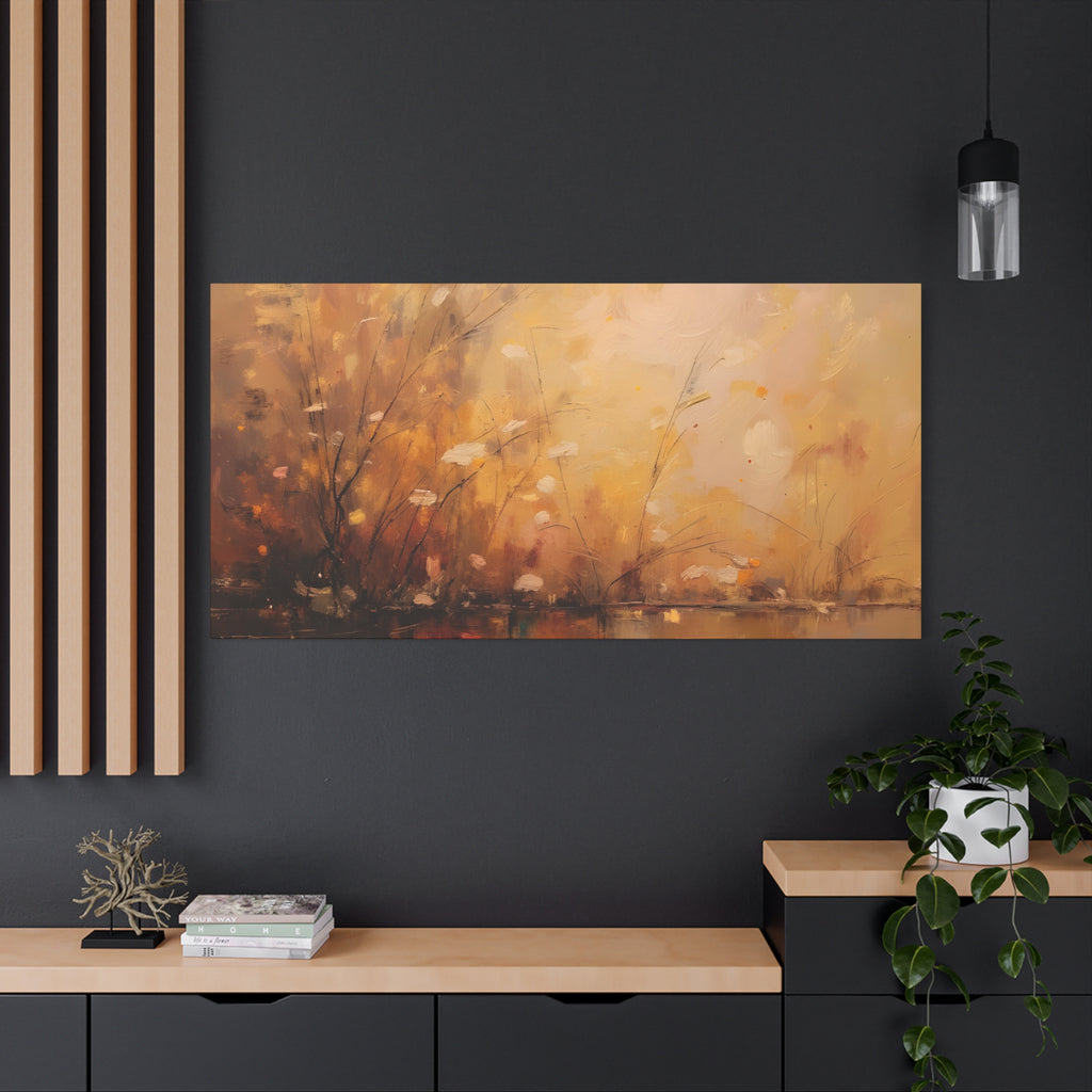 Abstracte muurdecoratie met gouden weidemotief - opgespannen canvas 