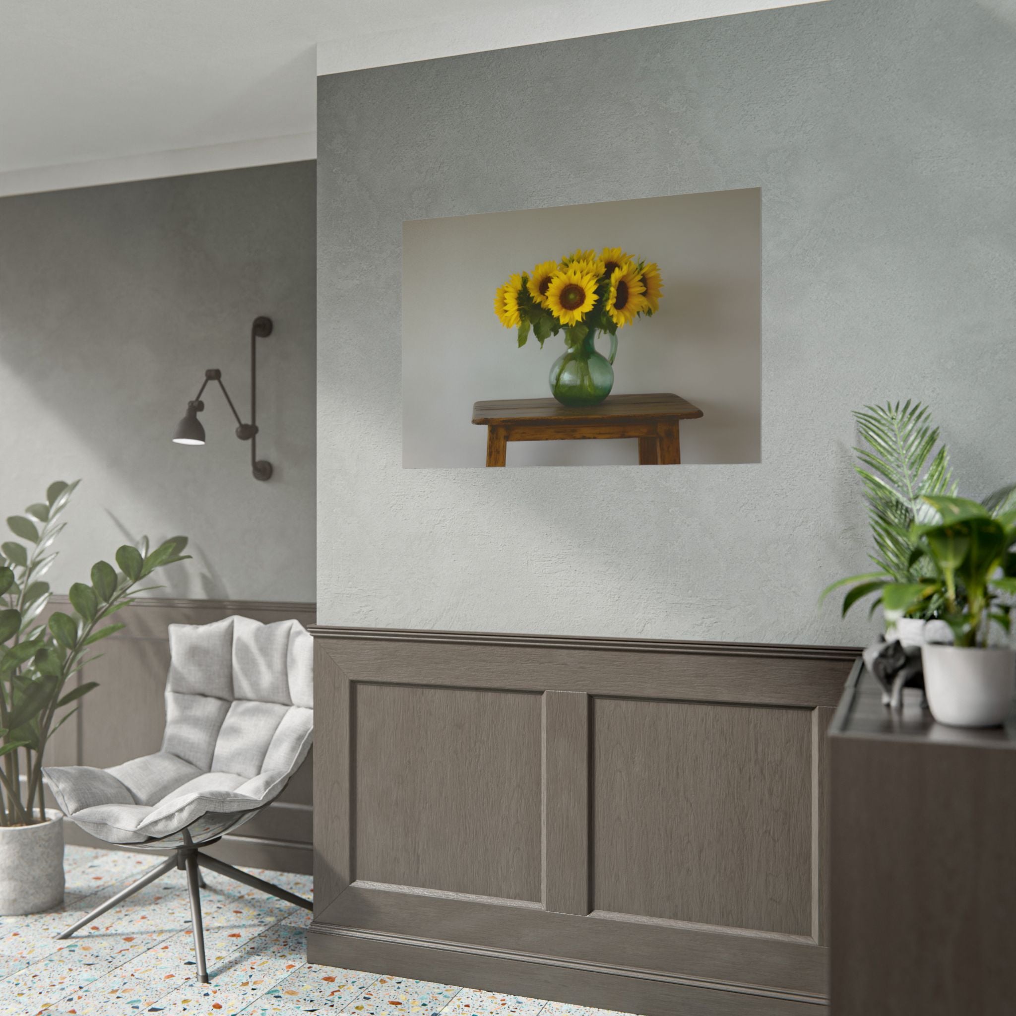 Zonnebloemen in een groene kruik - Muurdecoratie - Poster 