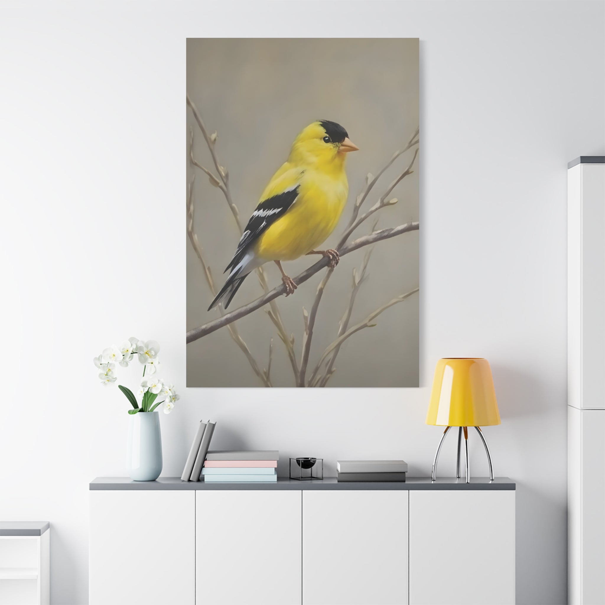 Goldfinch Wall Art Canvas — Yellow Songbird Painting on Branch, Matte Stretched Canvas