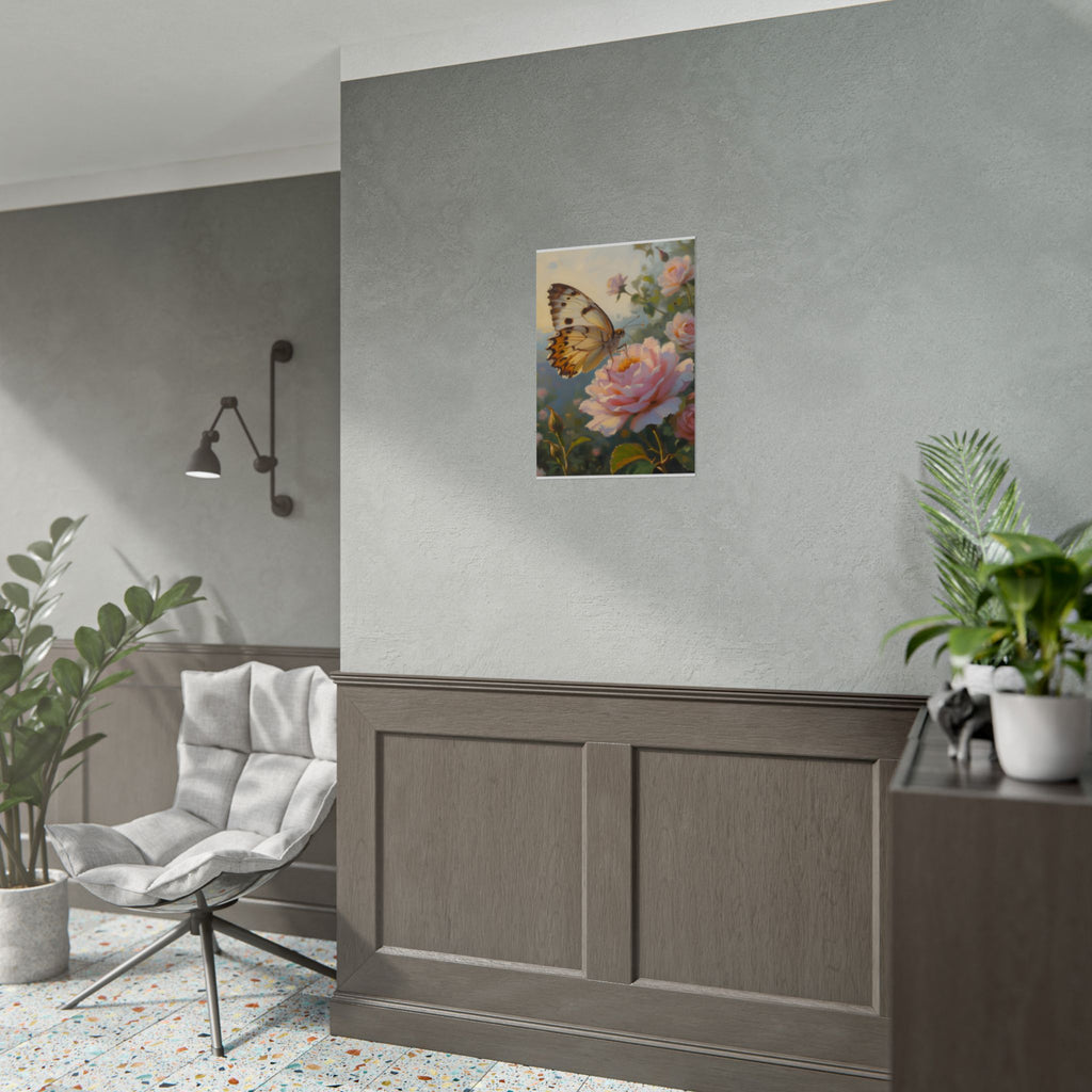 Wandbild mit Schmetterling auf rosa Rose - Poster 