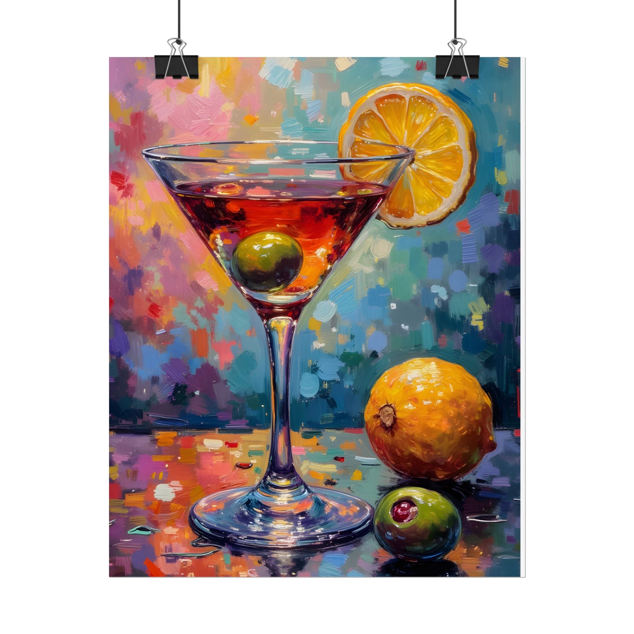 Buntes Martiniglas mit Zitrone und Olive – Wandbild/Poster 