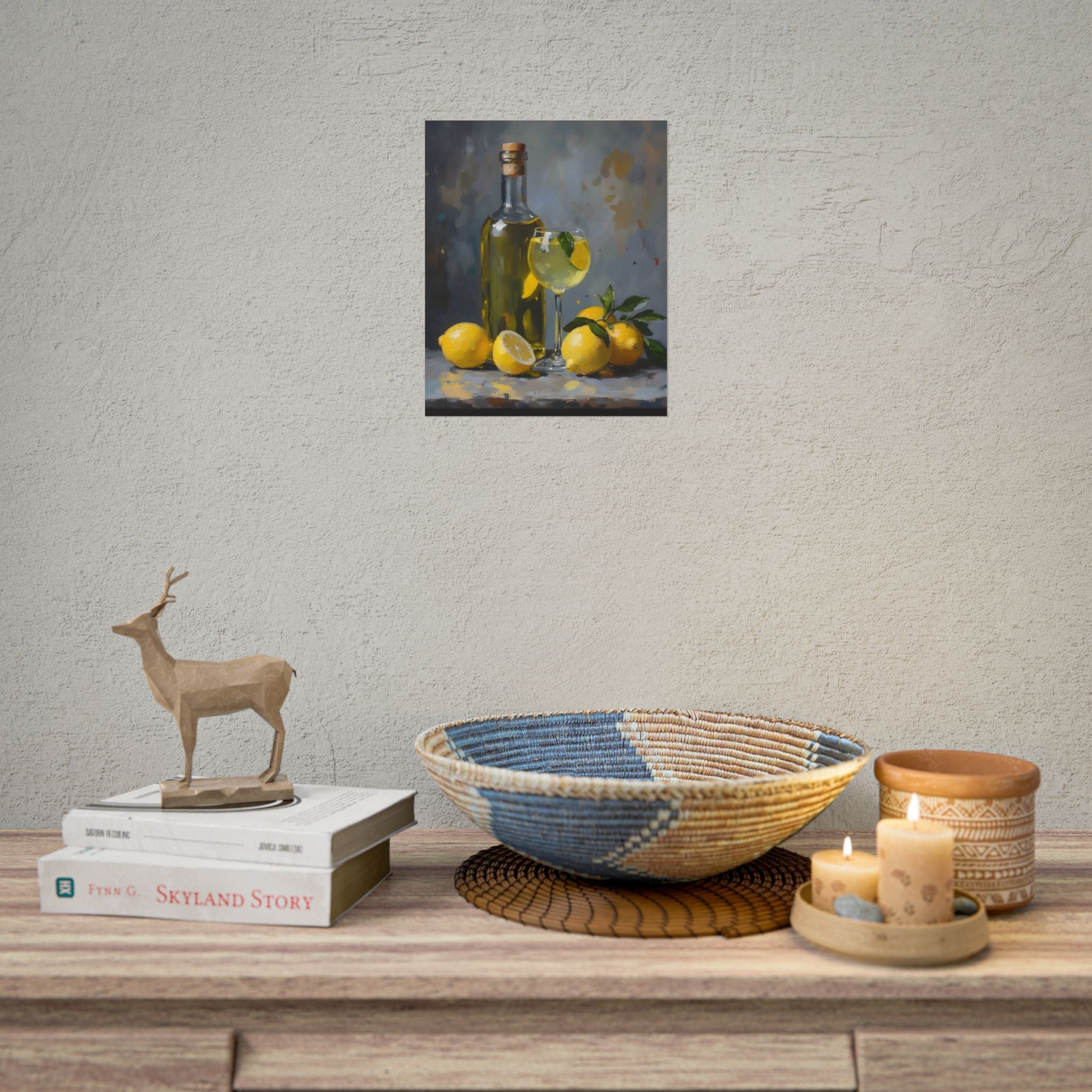 Limoncello with lemons Still Life Rolled Poster – Citrus Bottle Art Print