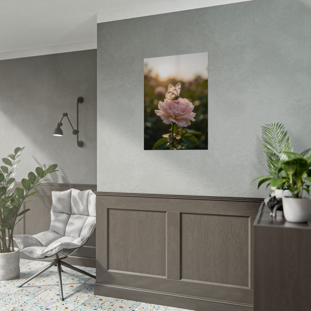 Muurposter met vlinder op roze roos 