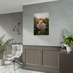 Muurposter met vlinder op roze roos 