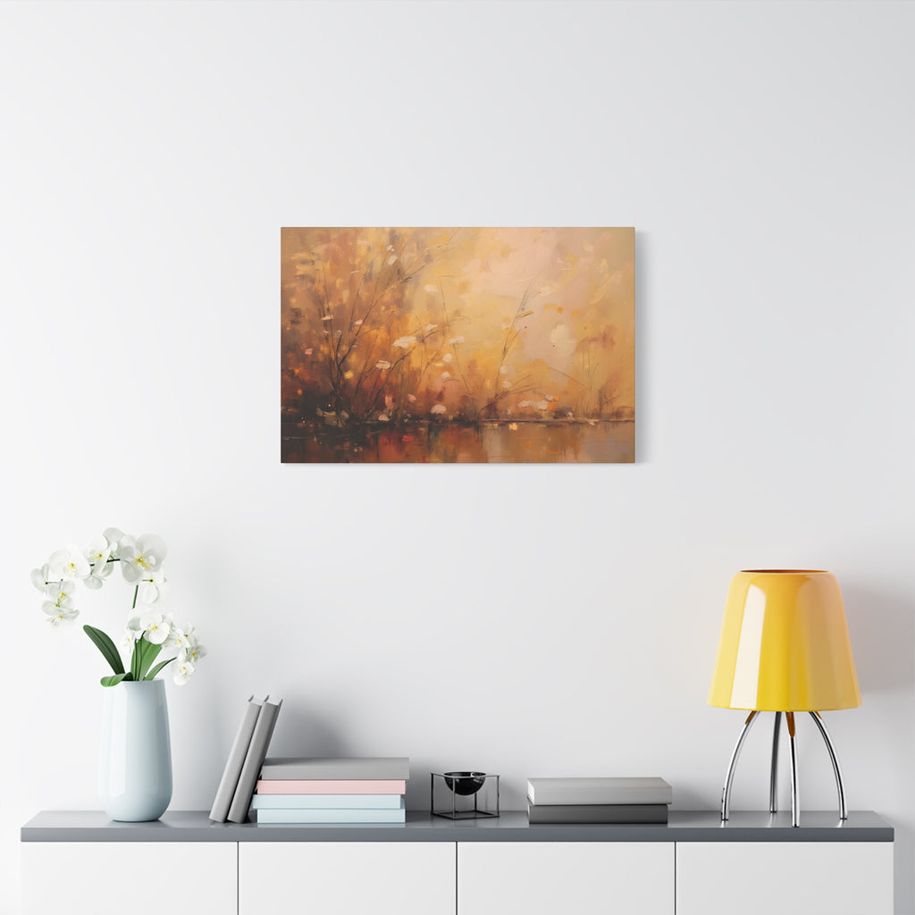 Abstracte muurdecoratie met gouden weidemotief - opgespannen canvas 
