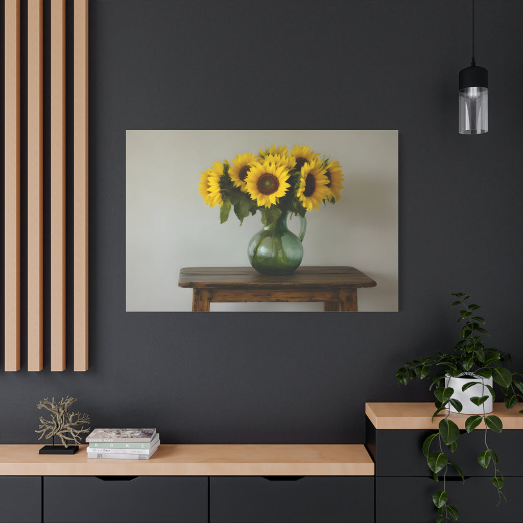 Zonnebloemen in een groene kruik als wanddecoratie - Gespannen canvas 