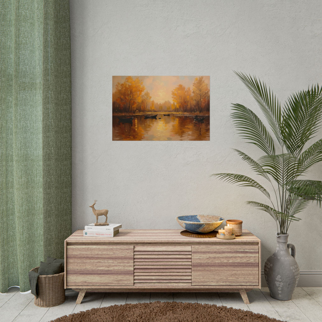 Herfst aan het meer met roeiboten - Poster 