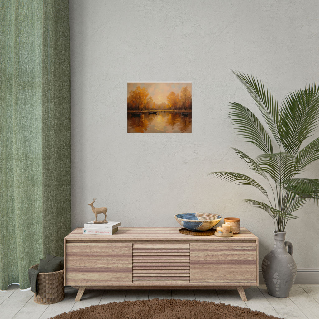 Herfst aan het meer met roeiboten - Poster 