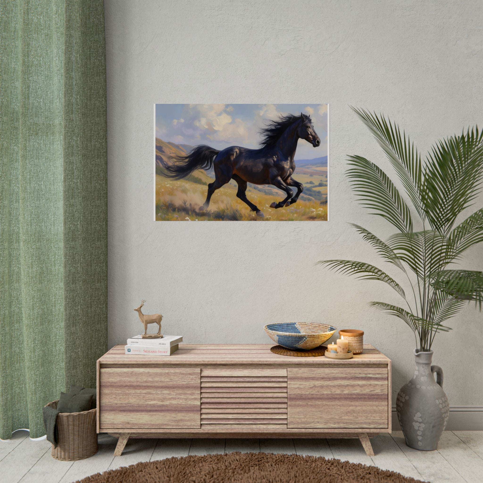 Muurdecoratie met rennende zwarte hengst - Paardenschilderij - Poster 