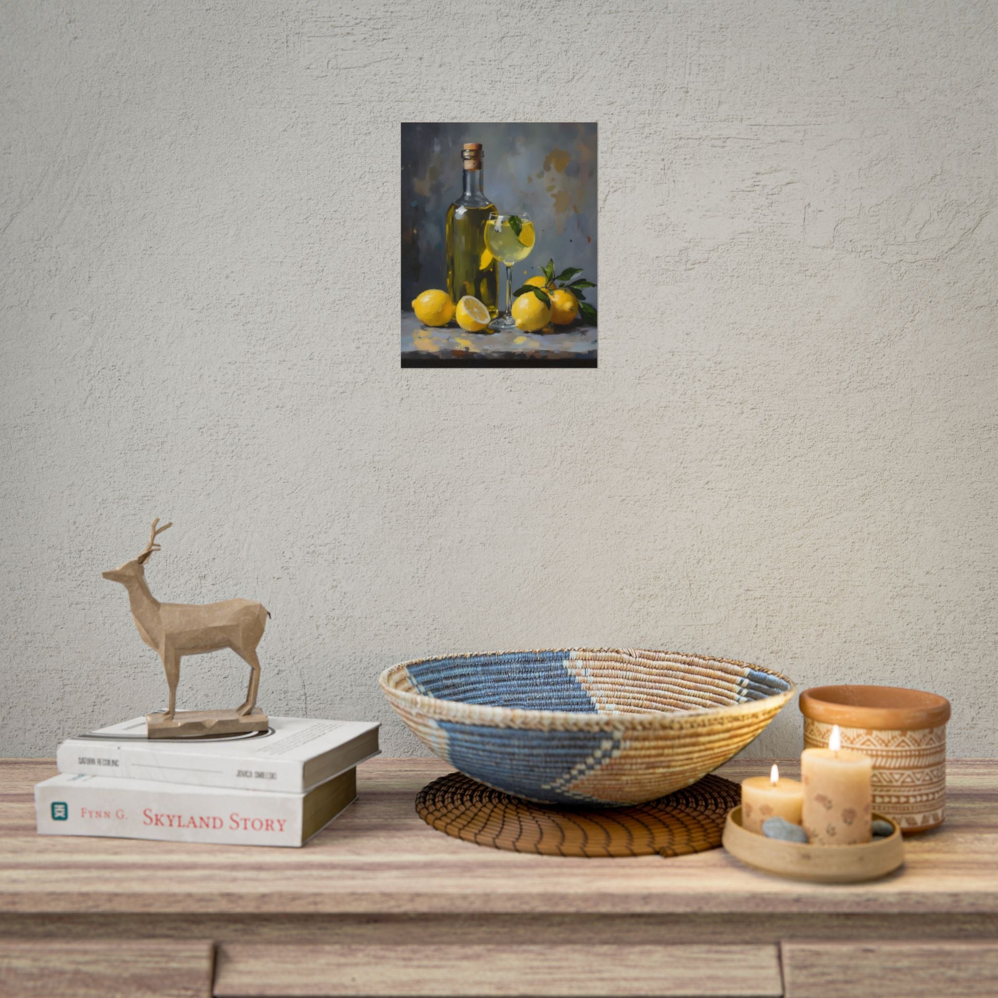 Limoncello with lemons Still Life Rolled Poster – Citrus Bottle Art Print