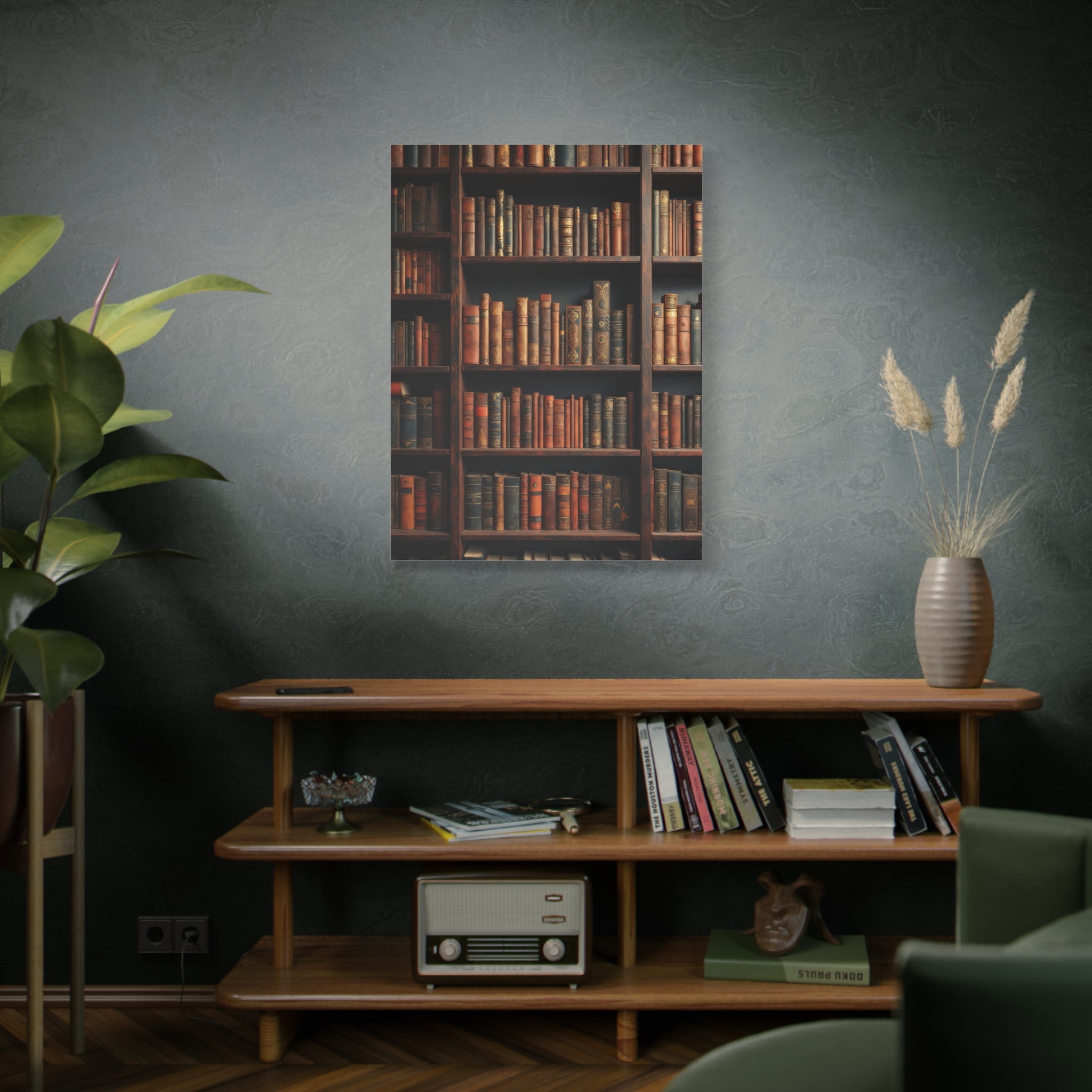 Vintage Library Books Canvas Print - Stacked Antique Bookshelf Wall Art