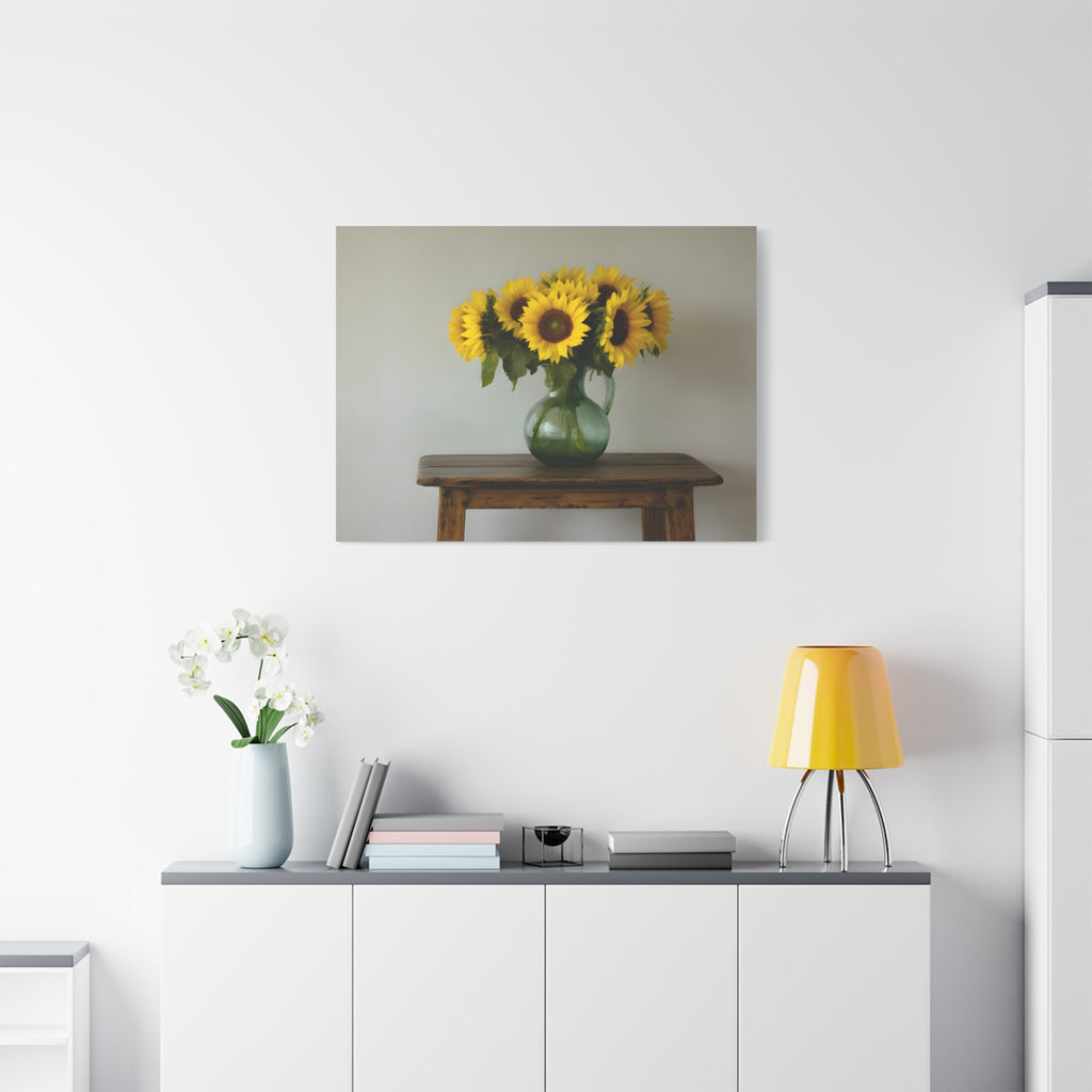Zonnebloemen in een groene kruik als wanddecoratie - Gespannen canvas 