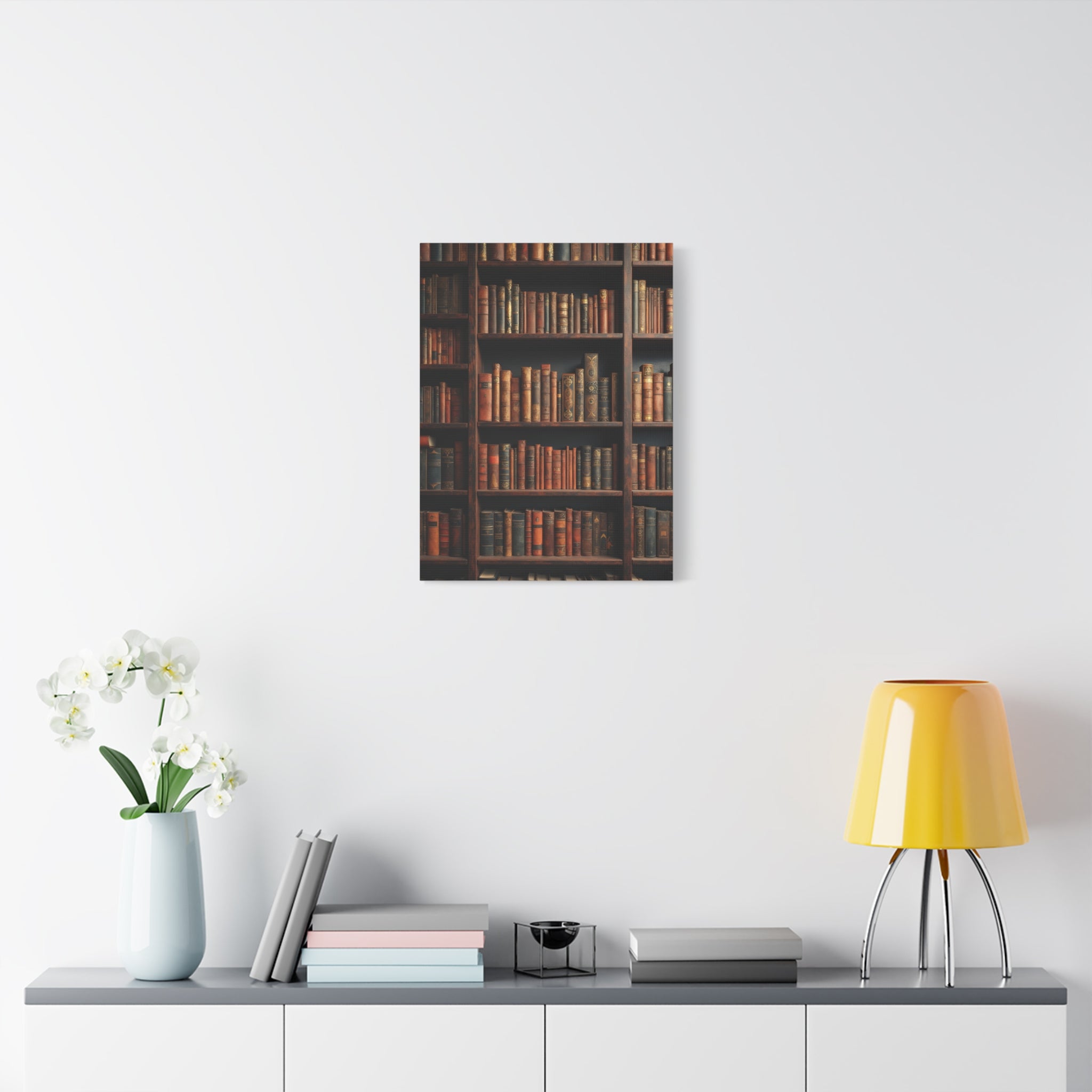 Vintage Library Books Canvas Print - Stacked Antique Bookshelf Wall Art