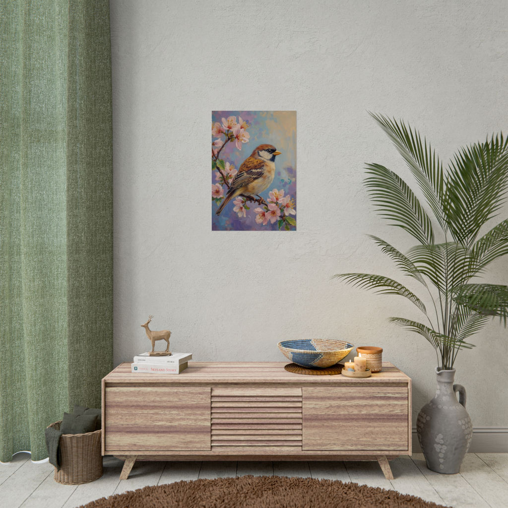 Bird on Blossom Rolled Poster — Spring Sparrow on Branch Wall Art Print