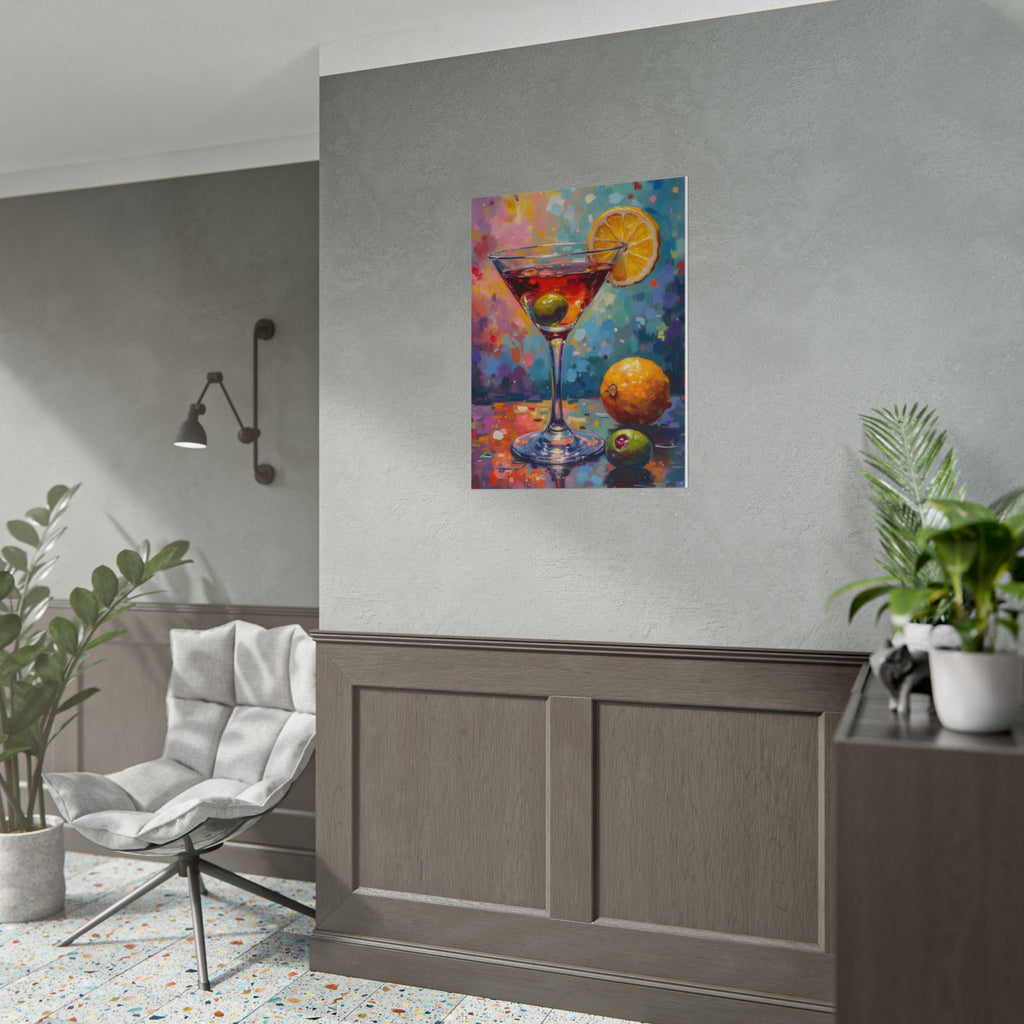Buntes Martiniglas mit Zitrone und Olive – Wandbild/Poster 