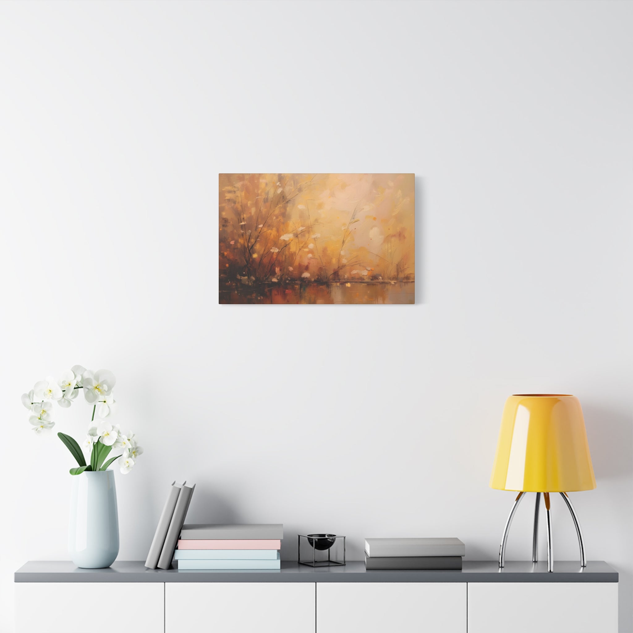Abstracte muurdecoratie met gouden weidemotief - opgespannen canvas 