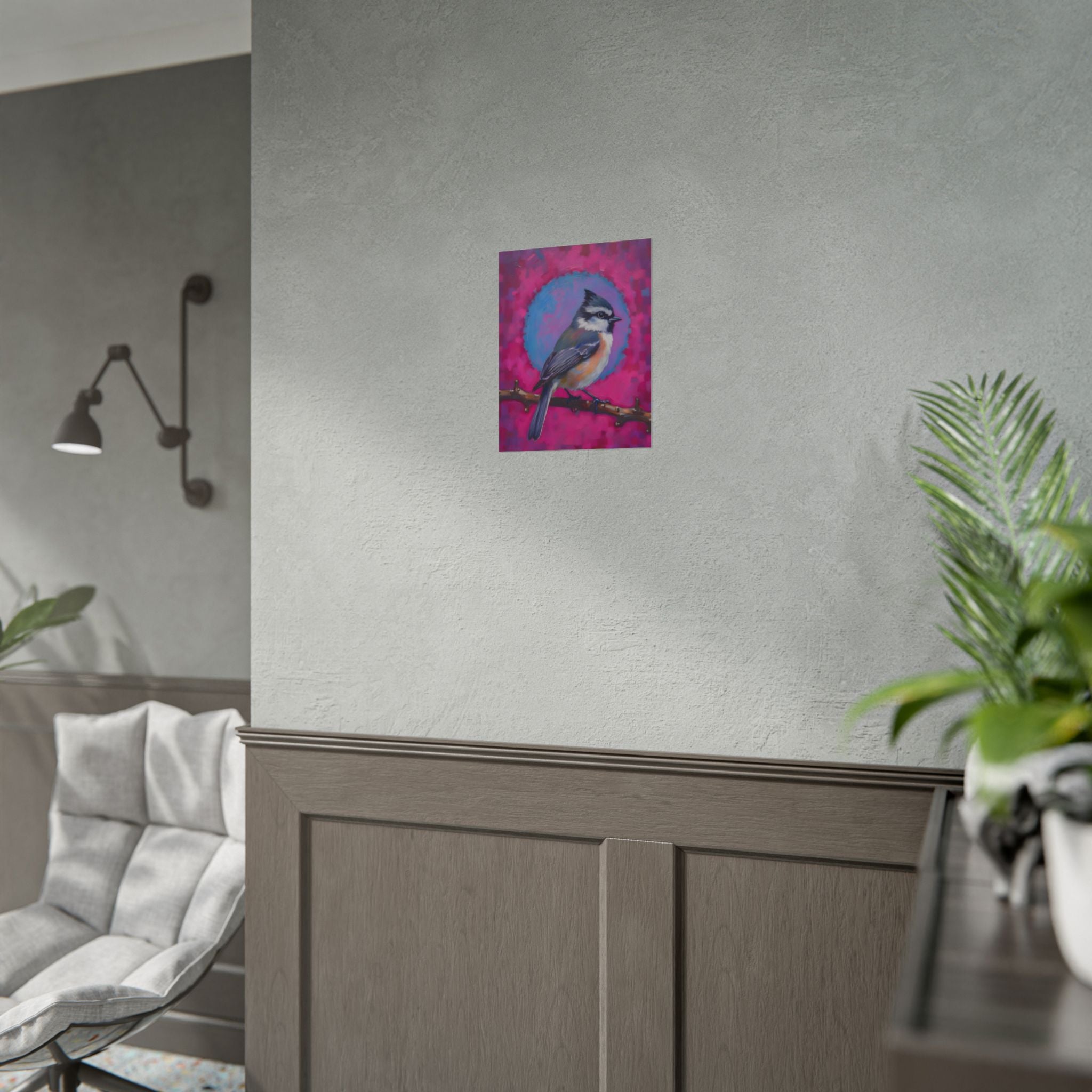 Kleurrijke Zangvogel Poster — Blauwe Gaai Kunstprint op Levendige Roze Achtergrond