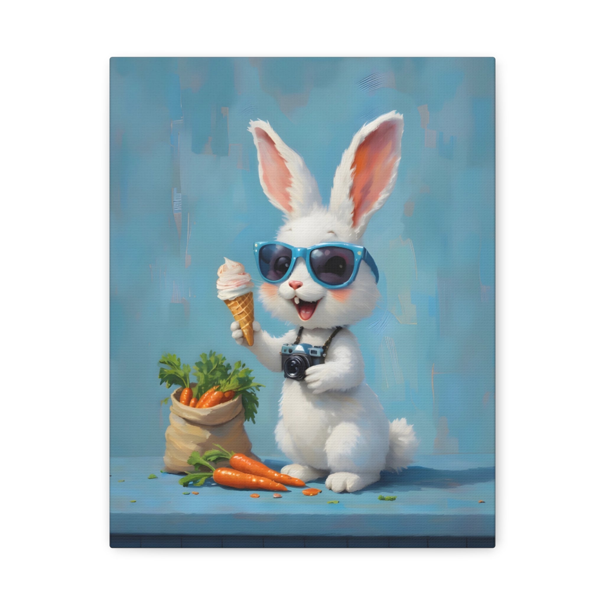 Blue Bunny Canvas Print — Cute Rabbit with Sunglasses & Ice Cream Matte Wall Art