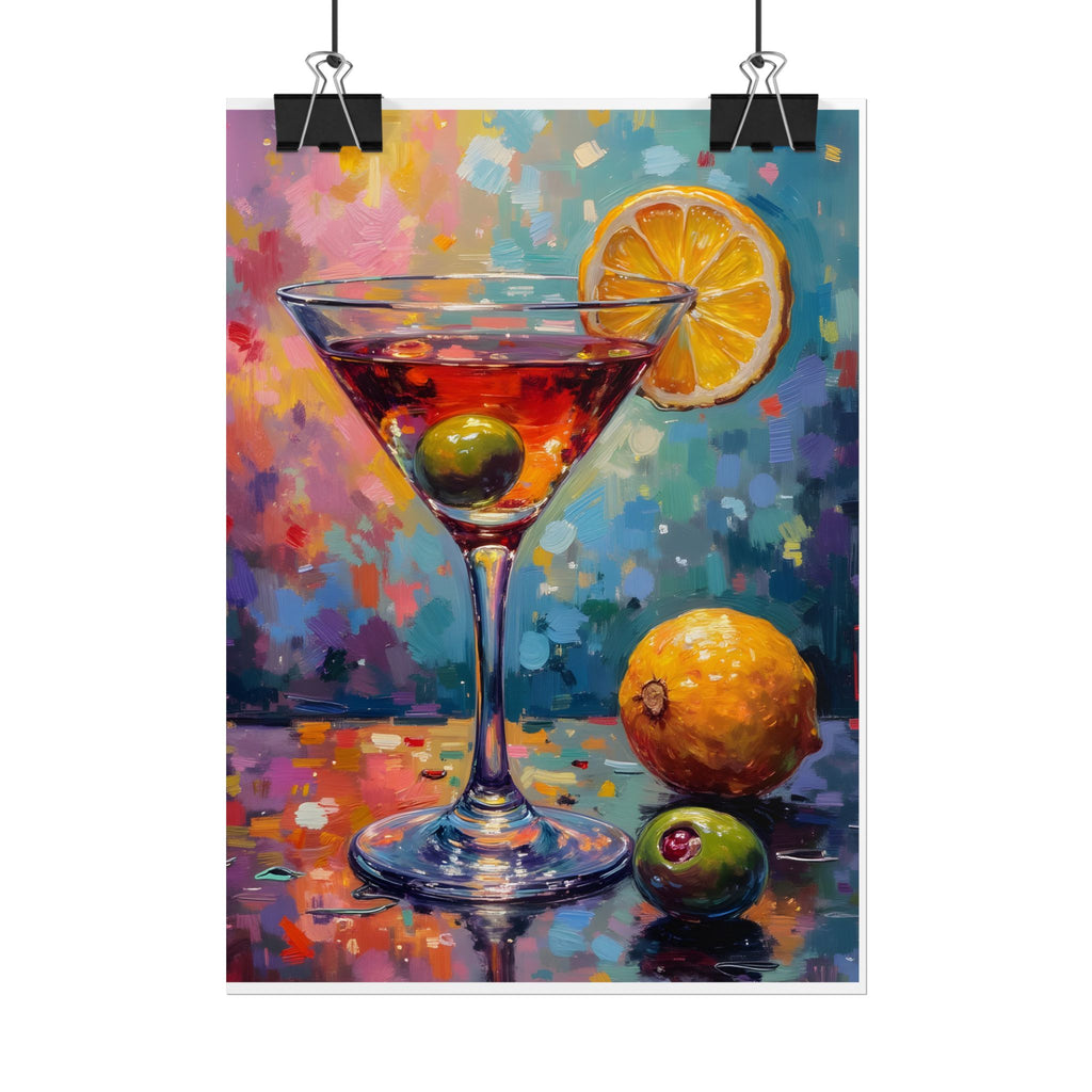 Buntes Martiniglas mit Zitrone und Olive – Wandbild/Poster 