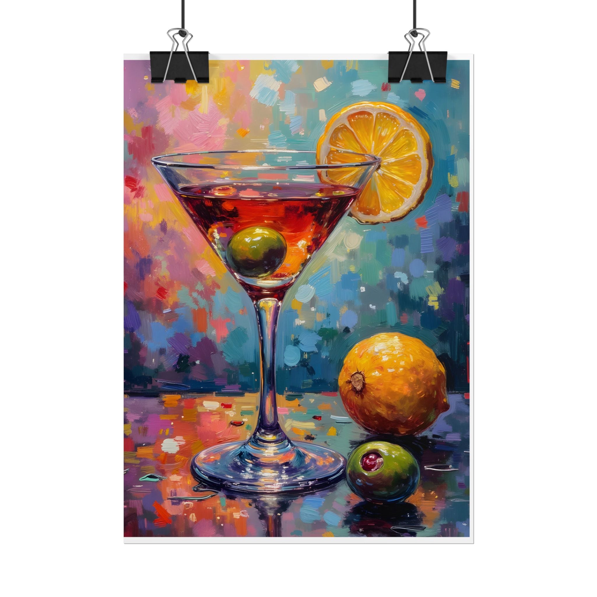 Buntes Martiniglas mit Zitrone und Olive – Wandbild/Poster 