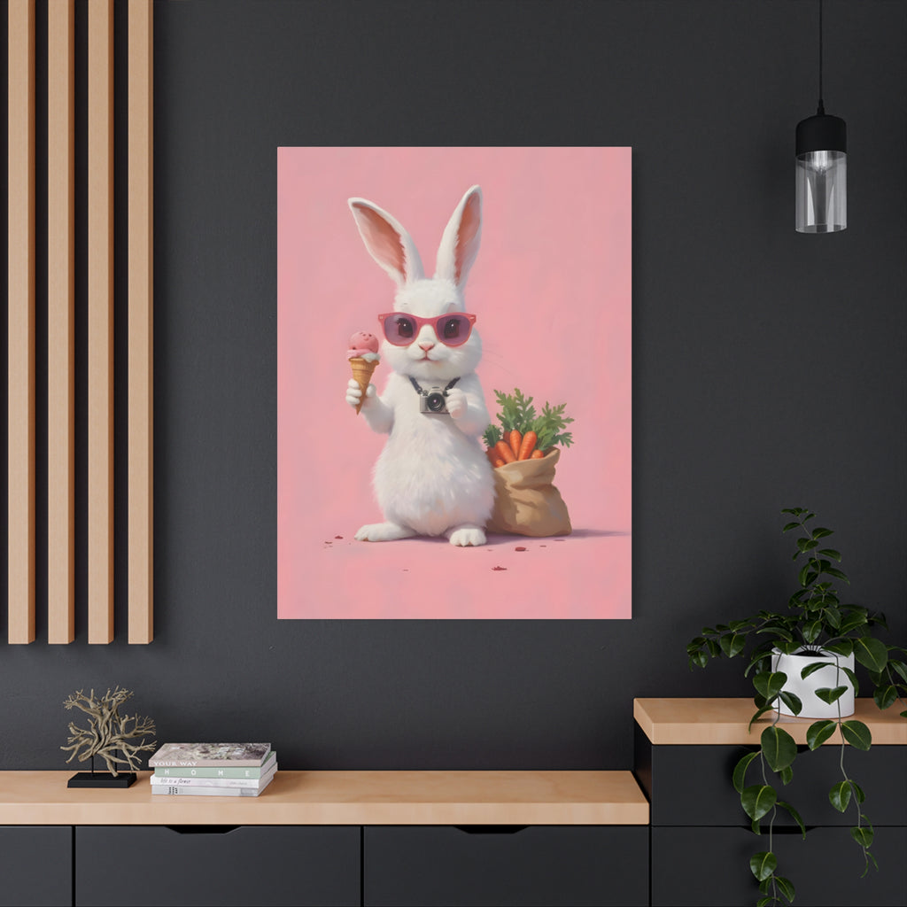 Pink Cute Bunny Canvas Wall Art — Cool Rabbit with Sunglasses, Ice Cream & Carrots (Matte Stretched)