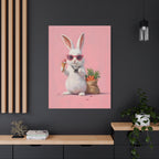 Pink Cute Bunny Canvas Wall Art — Cool Rabbit with Sunglasses, Ice Cream & Carrots (Matte Stretched)