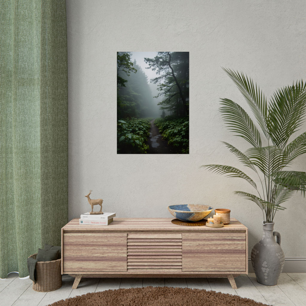 Muurdecoratie met een mistig bospad - Poster 