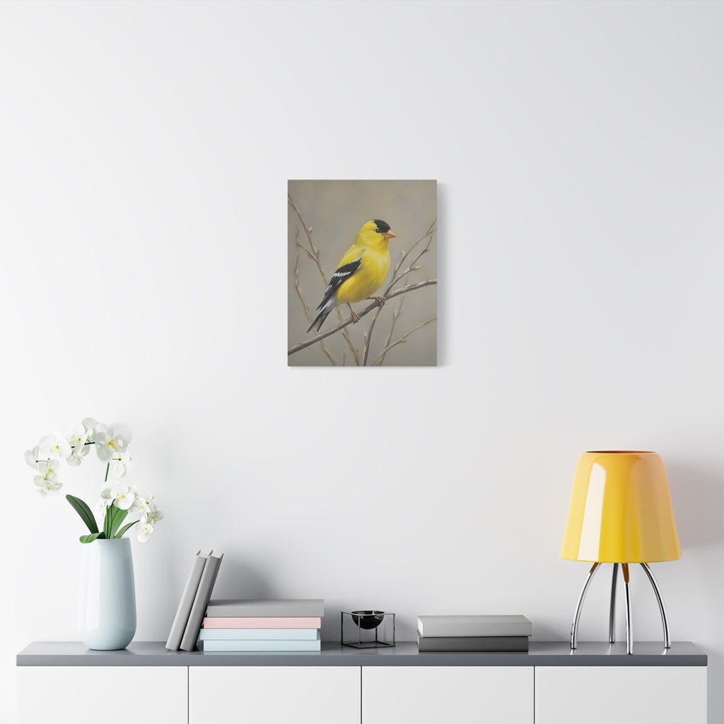 Goldfinch Wall Art Canvas — Yellow Songbird Painting on Branch, Matte Stretched Canvas