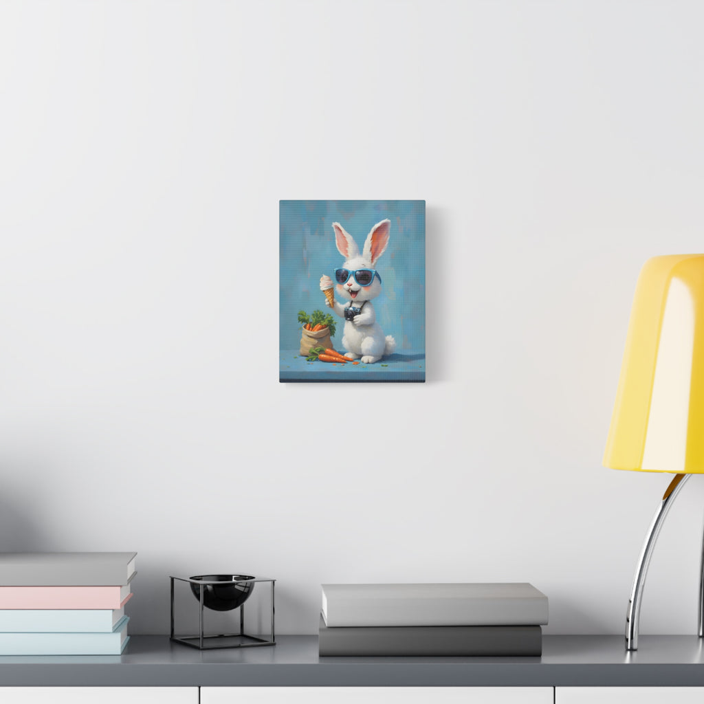 Blue Bunny Canvas Print — Cute Rabbit with Sunglasses & Ice Cream Matte Wall Art