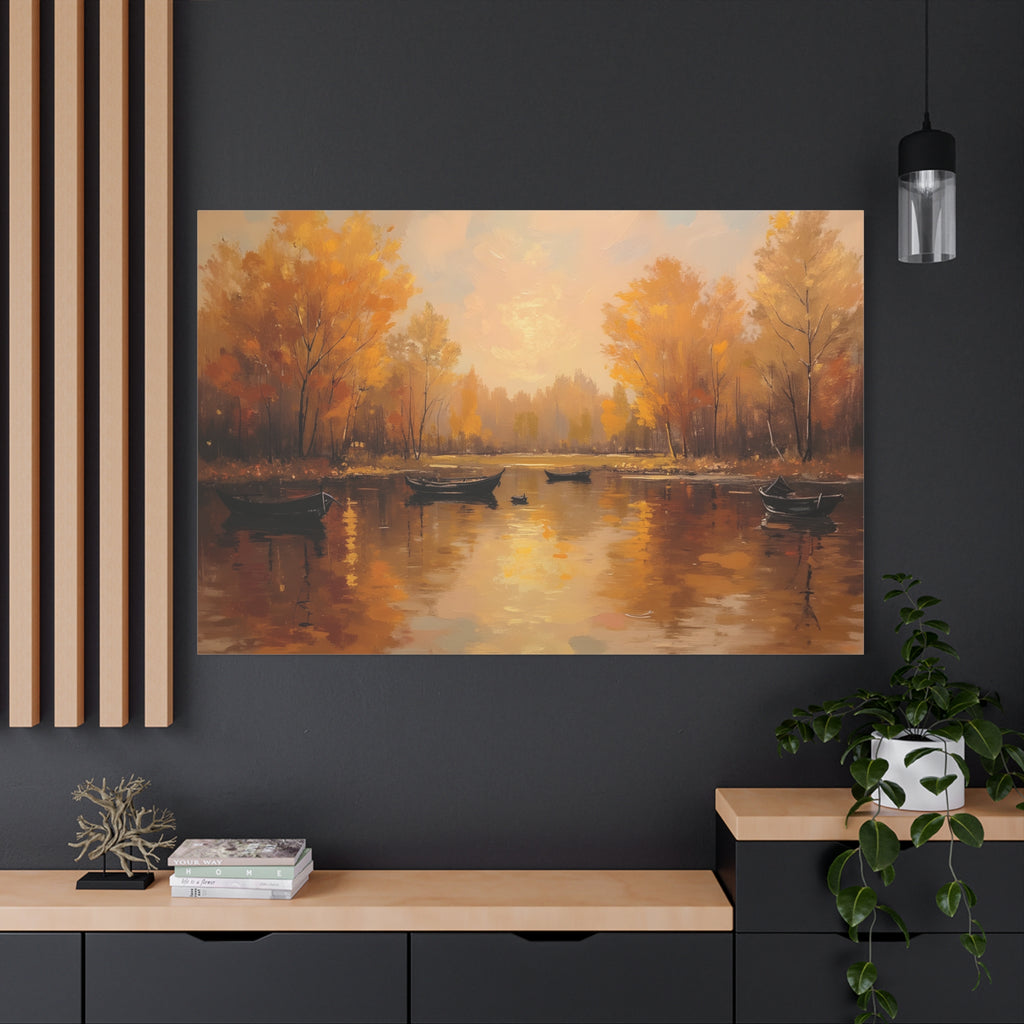 Herfst aan het meer met roeiboten Muurdecoratie - Gespannen canvas 