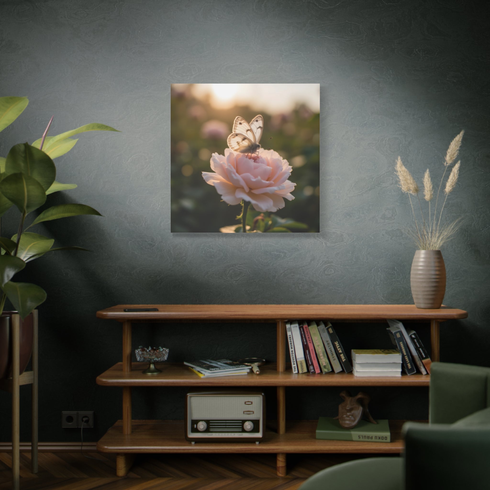 Butterfly on Pink Rose Wall Art - Stretched Canvas