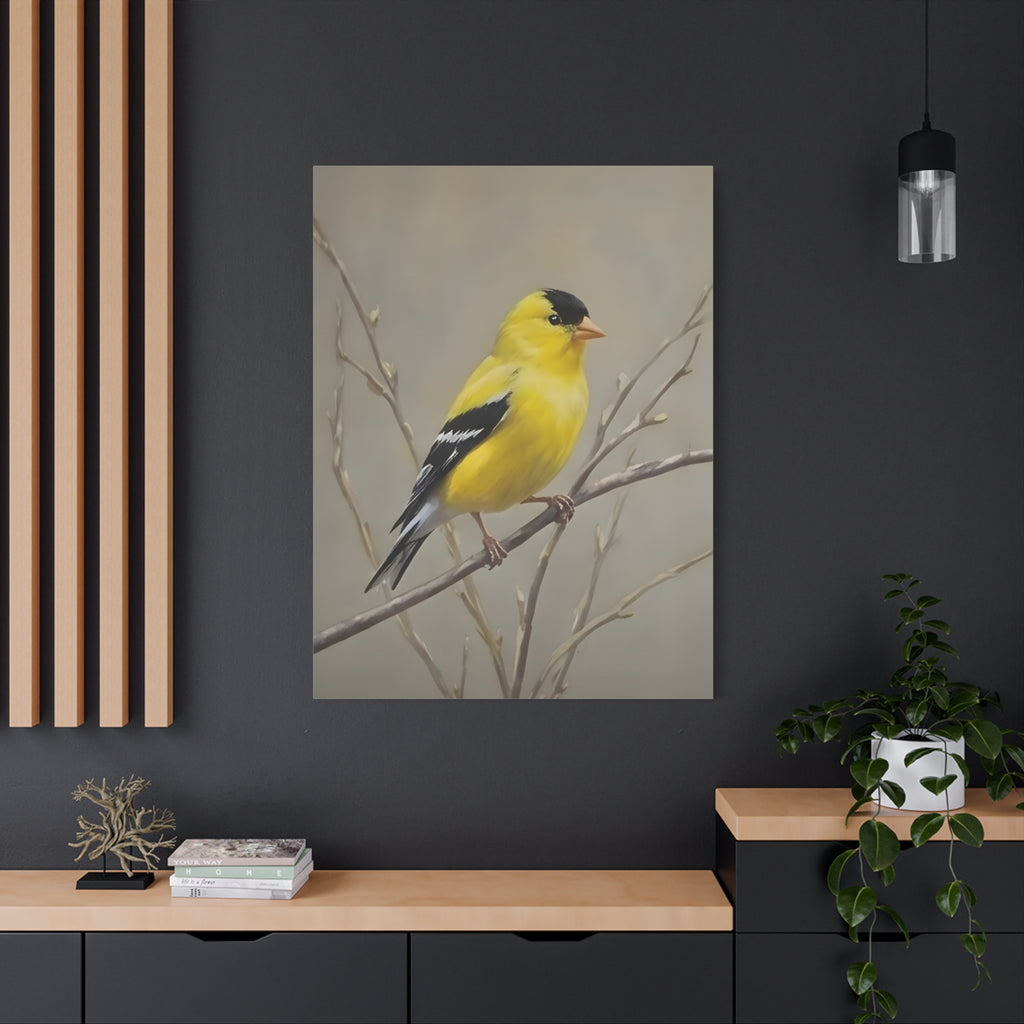 Goldfinch Wall Art Canvas — Yellow Songbird Painting on Branch, Matte Stretched Canvas