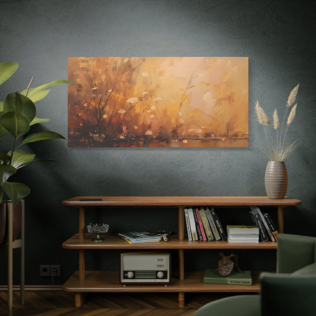 Abstracte muurdecoratie met gouden weidemotief - opgespannen canvas 