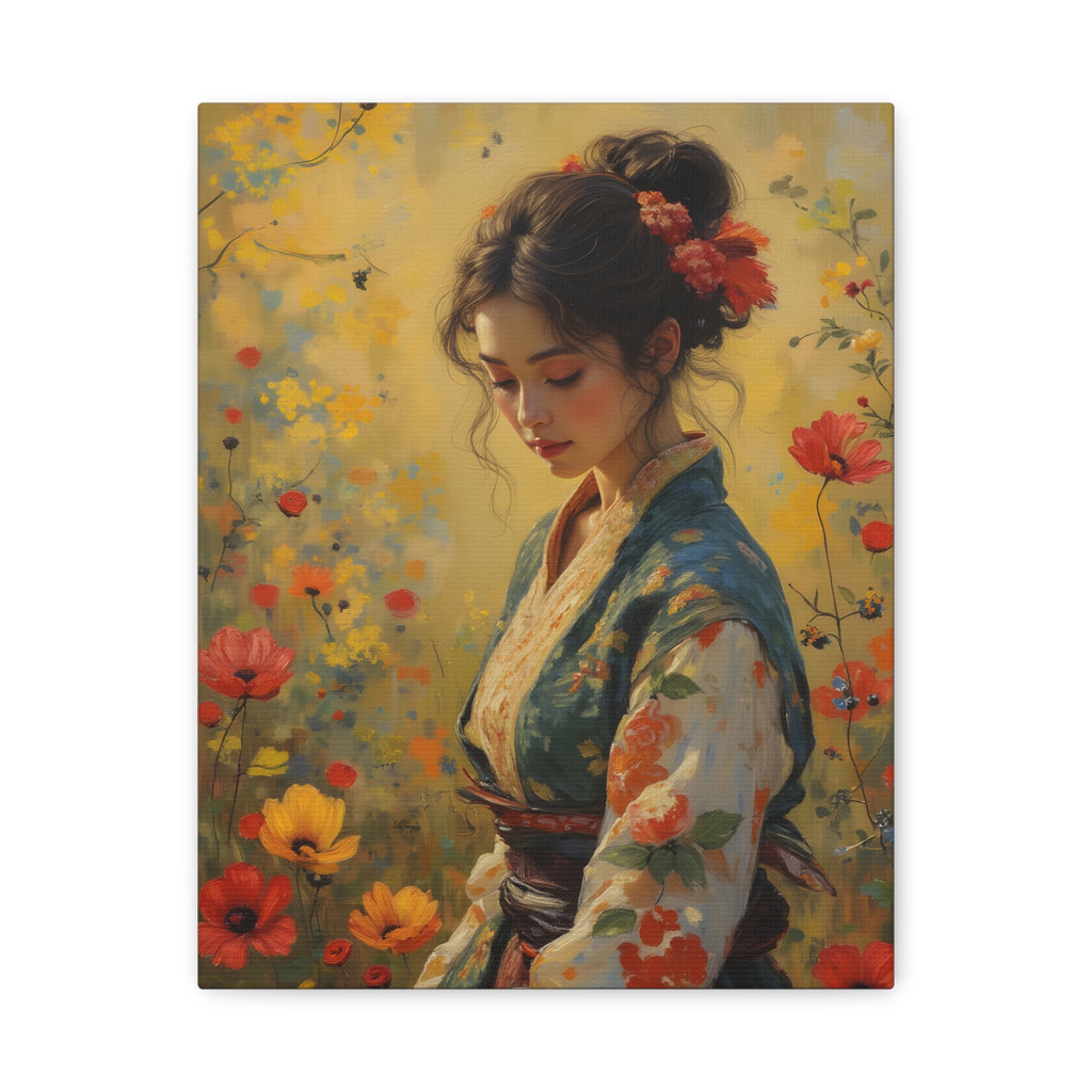 Asiatische Blumen-Dame, matte Leinwand-Wandkunst