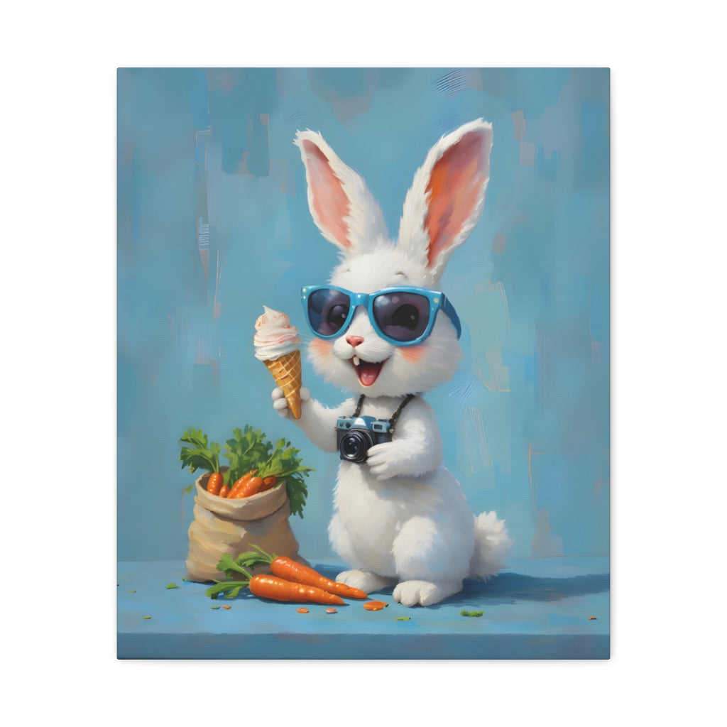 Blue Bunny Canvas Print — Cute Rabbit with Sunglasses & Ice Cream Matte Wall Art