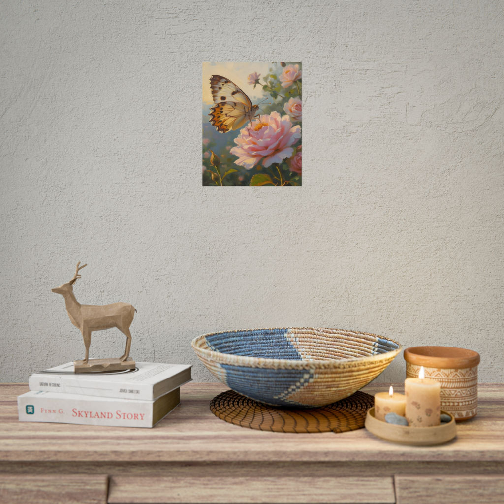 Muurposter met vlinder op roze roos 
