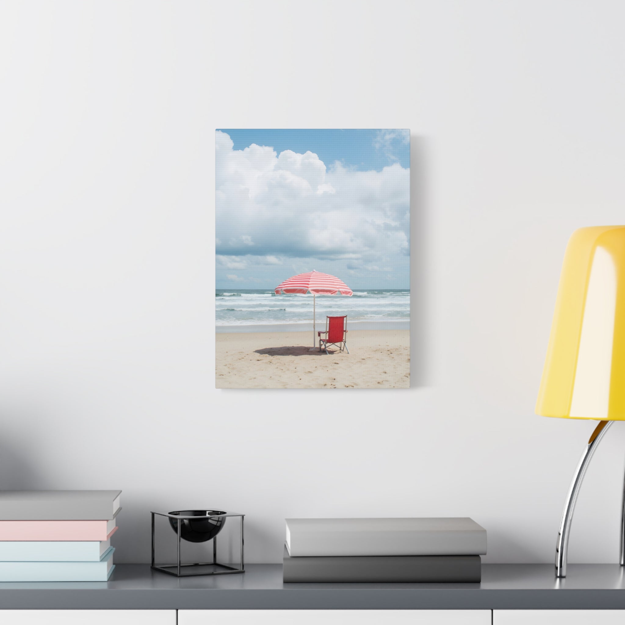 Sun-drenched beach memory with beach chair and umbrella Canvas Wall Art - Stretched Canvas