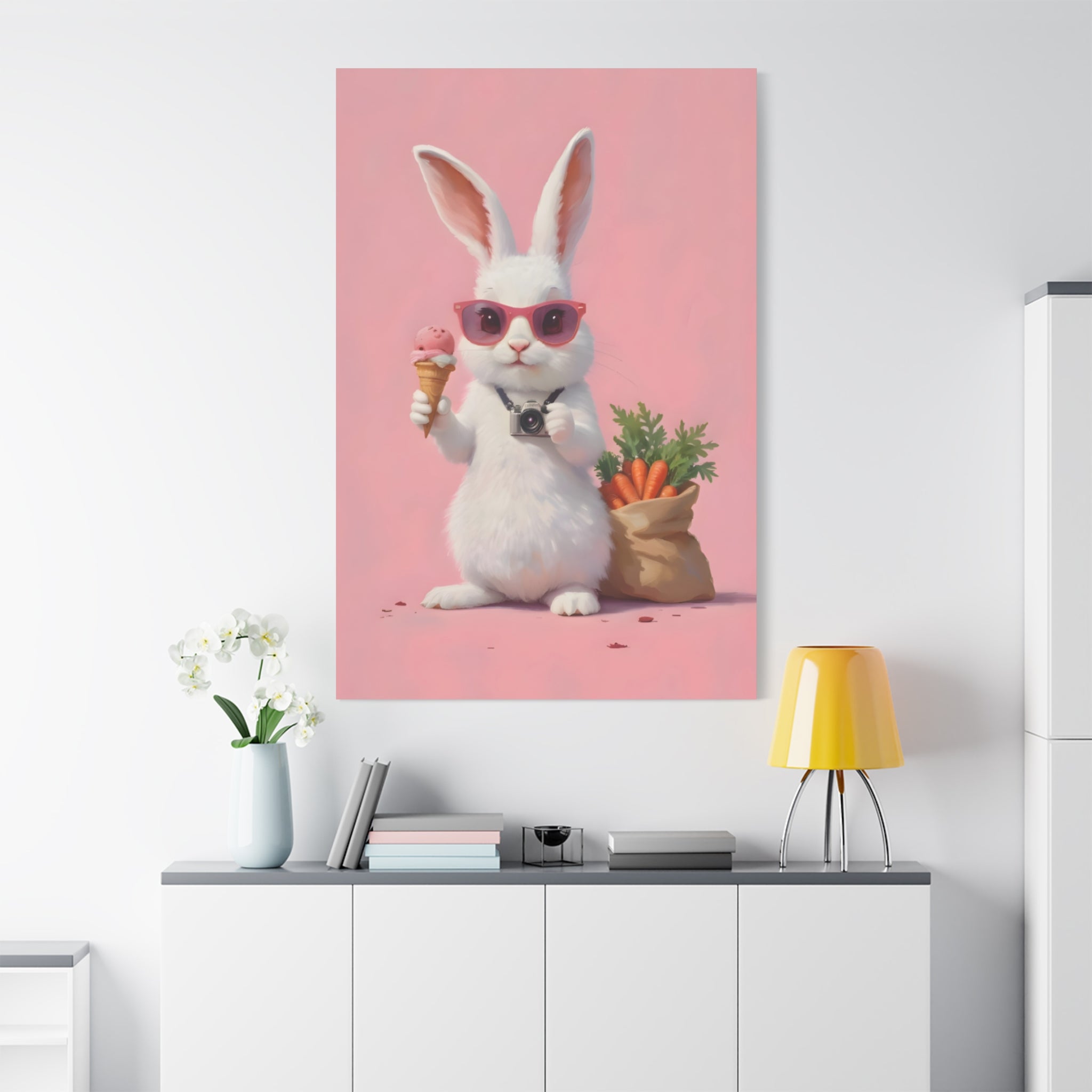 Pink Cute Bunny Canvas Wall Art — Cool Rabbit with Sunglasses, Ice Cream & Carrots (Matte Stretched)