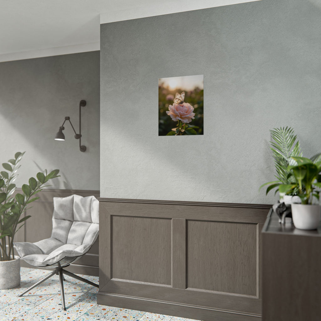 Muurposter met vlinder op roze roos 