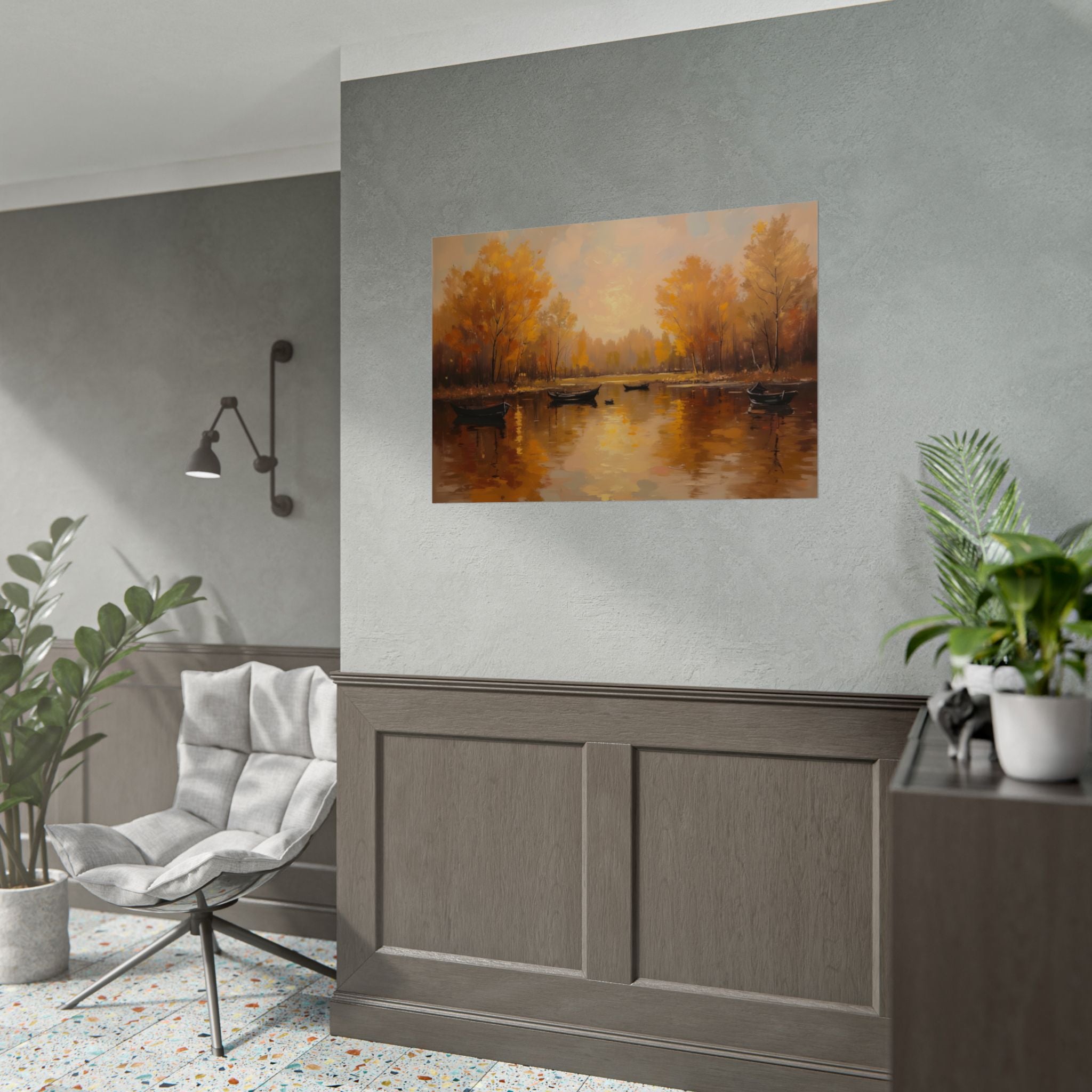 Herfst aan het meer met roeiboten - Poster 