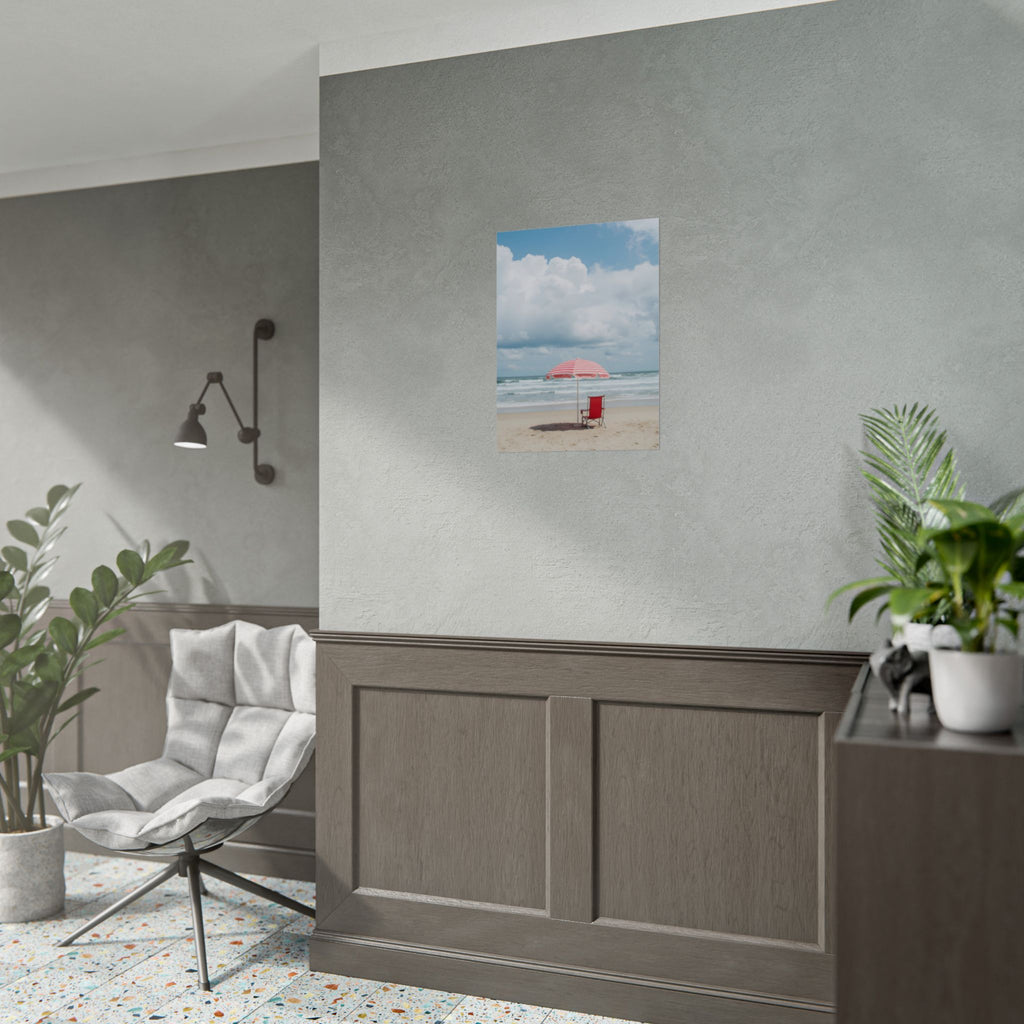 Sun-drenched beach memory with beach chair and umbrella - Poster